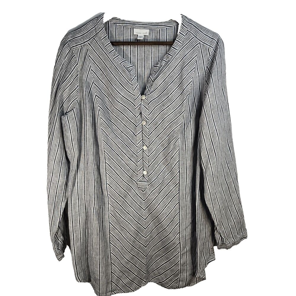 J Jill Love Linen Grey Striped Linen Tunic Womens 1X